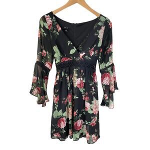 Y2K BCX Juniors Babydoll Semi Sheer Bell Sleeve Floral Mini Dress Black Multi 3